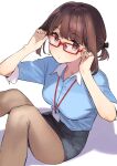  1girl 92m adjusting_eyewear black_ribbon black_skirt blue_shirt breasts brown_eyes brown_hair buttoned_cuffs closed_mouth collared_shirt commentary douki-chan_(douki-chan) expressionless feet_out_of_frame fingernails ganbare_douki-chan glasses grey_pantyhose hair_ribbon hand_in_own_hair hands_up highres id_card lanyard large_breasts looking_at_viewer office_lady open_collar pantyhose pencil_skirt pink_nails rectangular_eyewear red-framed_eyewear ribbon shadow shirt short_sleeves sitting skirt solo thighs two-tone_shirt white_background white_shirt 