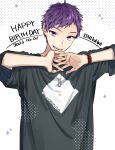  1boy black_shirt character_name commentary_request dated hagiwara_daisuke hands_up happy_birthday hori-san_to_miyamura-kun ishikawa_tooru jewelry looking_at_viewer male_focus necklace open_mouth purple_eyes purple_hair shirt short_bangs short_hair solo star_(symbol) t-shirt teeth watch white_background wristwatch 