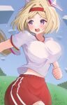  1girl absurdres aki_rosenthal blonde_hair blush breasts detached_hair hair_ornament headband highres hololive large_breasts long_hair nyu-tan94 open_mouth purple_eyes red_headband red_shorts shirt shorts sky solo sportswear sweat taut_clothes taut_shirt teeth upper_teeth_only virtual_youtuber white_shirt 