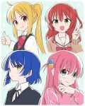  4girls ahoge blonde_hair blue_eyes blue_hair blush bocchi_the_rock! closed_mouth cube_hair_ornament ear_piercing genny gotoh_hitori green_eyes hair_ornament ijichi_nijika jacket kita_ikuyo long_hair mole mole_under_eye multiple_girls one_side_up open_mouth piercing pink_hair pink_jacket red_eyes red_hair school_uniform shirt short_hair shuka_high_school_uniform smile star_(symbol) track_jacket v white_shirt yamada_ryo yellow_eyes 