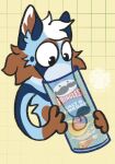  anthro blue_body blue_fur brown_body brown_fur canid canine canis cheek_tuft domestic_dog facial_tuft fur hair herding_dog hi_res humor luckfoxo33 male mammal pastoral_dog pattern_background pringles simple_background solo tongue tongue_out tuft white_hair wide_eyed yellow_background 