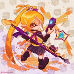  1girl akita_neru artist_name black_footwear black_socks cellphone high_ponytail ink_tank_(splatoon) kianamosser long_hair looking_at_viewer looking_back orange_eyes orange_hair patterned_background phone plaid plaid_skirt skirt socks solo splat_charger_(splatoon) splatoon_(series) very_long_hair vocaloid 