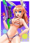  1girl absurdres american_flag_bikini animal_ears bikini blue_eyes blush breasts charlotte_e._yeager cleavage collarbone flag_print hand_on_own_hip highres large_breasts long_hair looking_at_viewer open_mouth orange_hair rabbit_ears rabbit_girl red_liquid_(artist) smile solo strike_witches swimsuit water_gun world_witches_series 