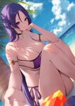  1girl absurdres armlet bare_legs bikini black_choker blue_sky blurry breasts choker cleavage cloud day depth_of_field elbow_on_knee elbow_rest eyepatch_bikini fate/grand_order fate_(series) grin highres knees_up large_breasts long_hair looking_at_viewer minamoto_no_raikou_(fate) minamoto_no_raikou_(swimsuit_lancer)_(fate) minamoto_no_raikou_(swimsuit_lancer)_(third_ascension)_(fate) outdoors palm_tree purple_bikini purple_eyes purple_hair reaching reaching_towards_viewer rororo side-tie_bikini_bottom sitting sky smile solo swimsuit thighs tree very_long_hair 