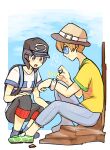  2boys backpack bag baseball_cap black_hair blonde_hair blue-tinted_eyewear brown_headwear commentary_request dexio_(pokemon) elio_(pokemon) green_footwear hat highres looking_at_another male_focus mega_ring mega_stone multiple_boys open_mouth pokemon pokemon_(game) pokemon_sm siroromo sitting smile sunglasses tinted_eyewear 