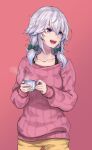  1girl :d blue_eyes bow bra_strap casual collarbone commentary_request cowboy_shot cup green_bow grey_hair hair_bow highres holding holding_cup izayoi_sakuya long_hair long_sleeves open_mouth pink_background pink_sweater re_(re_09) ribbed_sweater simple_background smile solo standing sweater touhou 
