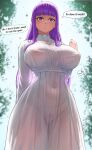  ... 1girl ? backlighting blunt_bangs blurry blurry_background breasts closed_mouth commentary covered_navel covered_nipples cowboy_shot day dress english_text female_pubic_hair fern_(sousou_no_frieren) hand_up highres large_breasts long_hair long_sleeves looking_at_viewer no_bra no_panties outdoors paid_reward_available patreon_username pubic_hair purple_eyes purple_hair purple_pupils pussy see-through see-through_dress solo sousou_no_frieren speech_bubble spoken_ellipsis spoken_question_mark superbusty thick_thighs thighs web_address white_dress 