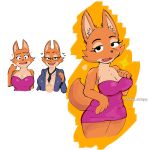  &lt;3 anthro big_breasts black_eyes blue_clothing blue_topwear breasts canid canine cheek_tuft cleavage clothed clothing diane_foxington dreamworks dress eyelashes eyewear facial_tuft female fox fur glasses hand_on_chest hi_res huge_breasts inner_boob looking_at_viewer mammal mawstrife necktie_between_breasts open_mouth orange_background orange_body orange_fur pink_clothing pink_dress simple_background solo tan_body tan_fur the_bad_guys thick_thighs topwear tuft white_background wide_hips 