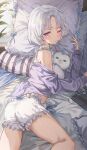  1girl 2gong_(9ujin_) absurdres bloomers blush breasts cellphone closed_mouth copyright_request highres looking_at_viewer lying medium_breasts on_side one_eye_closed phone pillow purple_eyes short_hair solo thighs underwear virtual_youtuber white_bloomers white_hair 