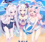  3girls :d absurdres ahoge angel_wings apron azusa_(blue_archive) azusa_(swimsuit)_(blue_archive) ball beach beachball bead_necklace beads bikini bikini_skirt blue_archive blue_sky bow bowtie cloud cloudy_sky commentary_request demon_girl demon_horns demon_wings eyewear_on_head feathered_wings fisheye flower forehead frilled_apron frills hair_between_eyes hair_bobbles hair_flower hair_ornament hair_ribbon hairclip halo heterochromia highres hina_(blue_archive) hina_(swimsuit)_(blue_archive) holding holding_ball horizon horns hoshino_(blue_archive) hoshino_(swimsuit)_(blue_archive) jewelry leaning_forward long_hair looking_at_viewer low_twintails multiple_girls name_tag navel necklace ocean official_alternate_costume old_school_swimsuit one_side_up parted_bangs parted_lips pink_hair purple_bikini purple_eyes ribbon school_swimsuit sidelocks sky sleeveless smile stomach sunglasses swimsuit twintails whistle whistle_around_neck white_bikini white_hair white_wings wimawi wings 