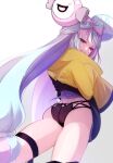  1girl anger_vein aqua_hair ass bow-shaped_hair character_hair_ornament clenched_teeth commentary_request eyelashes hair_ornament half-closed_eyes highres iono_(pokemon) jacket long_hair looking_back multicolored_hair no_bike_shorts panties pokemon pokemon_(game) pokemon_sv purple_hair sakusk_92 sharp_teeth shirt solo teeth thigh_strap two-tone_hair underwear wedgie white_background yellow_jacket 