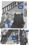  2023 anthro comic dialogue eating english_text eyewear felid female food fur glasses greyscale hi_res janelle_(spincraze) john_(spincraze) male mammal monochrome pantherine profanity snow_leopard spincraze spots spotted_body spotted_fur stairs striped_body striped_fur stripes text tiger trudy_(spincraze) 