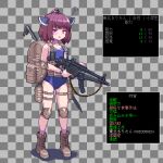  1girl ahoge backpack bag blade blue_one-piece_swimsuit blunt_bangs blush bob_cut boots canteen cataclysm:_dark_days_ahead checkered_background combat_boots commentary_request crowbar e79 elbow_pads embarrassed explosive fake_transparency full_body grenade gun h&amp;k_mp5 headgear holding holding_gun holding_weapon holster knee_pads load_bearing_vest one-piece_swimsuit open_mouth pixel_art red_eyes school_swimsuit short_hair solo squiggle standing stats submachine_gun sweatdrop swimsuit thigh_holster thigh_strap touhoku_kiritan translation_request v-shaped_eyebrows voiceroid watch weapon wristwatch 