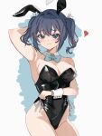  1girl alternate_costume animal_ears bare_legs black_hair black_leotard blue_bow blue_bowtie blue_eyes bow bowtie breasts cleavage commentary_request detached_collar ema_(user_yxkv5345) fake_animal_ears kantai_collection large_breasts leotard medium_hair one-hour_drawing_challenge playboy_bunny rabbit_ears solo souryuu_(kancolle) strapless strapless_leotard twintails wrist_cuffs 