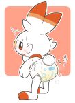  ambiguous_gender anthro blush bodily_fluids diaper diaper_use embarrassed generation_8_pokemon genital_fluids hi_res lagomorph leporid looking_at_viewer looking_back mammal nintendo omorashi paws peeing pokemon pokemon_(species) rabbit rear_view red_eyes rokesys scorbunny shaking simple_background solo standing steam sweat tremble_spikes trembling urine wetting white_body 