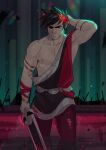  1boy absurdres ancient_greek_clothes arm_behind_head armpit_hair bara bare_pectorals black_eyes black_hair black_sclera blood chest_hair closed_mouth colored_sclera greco-roman_clothes grimace hades_(series) hades_1 highres holding holding_sword holding_weapon laurel_crown male_focus mature_male pectorals pool_of_blood red_eyes solo sword thedamnthinguy wading weapon zagreus_(hades) 