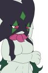  anthro arm_under_breasts breasts embarrassed felid feline female female/female generation_9_pokemon green_body hi_res jaxzstar looking_down mammal mask meowscarada midriff nintendo pokemon pokemon_(species) red_eyes sad solo 