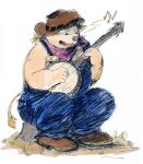  2023 anthro aotadobukitch babe_bunyan banjo_(instrument) bovid bovine cattle clothing cowboy_hat hat headgear headwear hi_res kemono lifewonders male mammal musical_instrument overalls plucked_string_instrument sitting solo string_instrument tokyo_afterschool_summoners young 