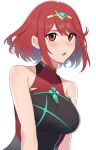  1girl bare_shoulders black_one-piece_swimsuit blush breasts chest_jewel commentary covered_collarbone earrings edmonmondo english_commentary highres jewelry large_breasts looking_at_viewer medium_hair one-piece_swimsuit open_mouth pyra_(pro_swimmer)_(xenoblade) pyra_(xenoblade) red_eyes red_hair red_one-piece_swimsuit sidelocks simple_background solo swept_bangs swimsuit tiara two-tone_swimsuit upper_body white_background xenoblade_chronicles_(series) xenoblade_chronicles_2 