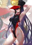  1girl alternate_costume arms_behind_head black_hair collarbone commentary_request competition_swimsuit covered_navel covered_nipples cowboy_shot fate/grand_order fate_(series) hat highleg highleg_swimsuit highres impossible_clothes impossible_swimsuit long_hair looking_at_viewer oda_nobunaga_(fate) oda_nobunaga_(swimsuit_berserker)_(fate) one-piece_swimsuit peaked_cap red_eyes revision sanazura_hiroyuki smile solo standing swimsuit zoom_layer 