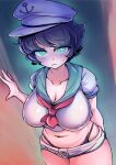  1girl anchor_symbol aqua_eyes black_hair black_panties blush breasts bright_pupils cleavage closed_mouth cowboy_shot crop_top enajii hat highres large_breasts looking_at_viewer murasa_minamitsu navel panties sailor_hat shirt short_hair short_shorts shorts solo touhou underwear white_headwear white_pupils white_shirt white_shorts 