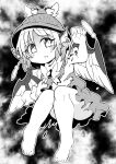  1girl animal_ears ass barefoot bird_ears bird_wings blush dress earrings feathered_wings feathers greyscale hat ini_(inunabe00)_(style) jewelry long_sleeves monochrome mystia_lorelei oasis_(magnitude711) open_mouth short_hair single_earring solo torn_clothes torn_dress touhou winged_hat wings 