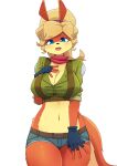  2023 anthro belt blonde_hair blue_eyes bottomwear breasts cleavage clothed clothing eyebrow_through_hair eyebrows eyelashes female fingerless_gloves fur gloves hair hand_on_chest handwear hi_res jak_and_daxter looking_at_viewer mammal midriff mustelid naughty_dog navel open_mouth orange_body orange_fur ottsel shorts solo sony_corporation sony_interactive_entertainment tan_body tan_fur tess_(jak_and_daxter) topwear translucent translucent_hair zekkymzn 