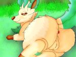  anus backsack balls bedroom_eyes big_butt butt eeveelution eyelashes feral fur generation_4_pokemon genitals girly grass green_body green_fur hazelninetales hi_res leafeon looking_at_viewer lying male narrowed_eyes nintendo on_side pink_anus plant pokemon pokemon_(species) rear_view seductive solo tan_body tan_fur 