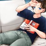  1boy arm_up blue_skirt boku_no_kokoro_no_yabai_yatsu book brown_hair closed_mouth collarbone couch forehead green_shorts hand_on_own_forehead highres holding holding_book ichikawa_kyoutarou looking_at_viewer lying navel on_back on_couch ringed_eyes shijuuichi short_hair shorts skirt solo twitter_username 