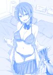  1boy 1girl :d banknote bed bikini bikini_under_clothes blue_theme bow bowtie breasts cleavage clothes_pull commentary getsuyoubi_no_tawawa hair_between_eyes himura_kiseki holding holding_money indoors kneeling large_breasts looking_at_viewer money monochrome navel off_shoulder on_bed open_clothes open_mouth open_shirt out_of_frame pillow pleated_skirt pov pov_hands print_bikini shirt_pull short_hair single_hand skirt skirt_pull smile socks solo_focus swimsuit underboob undressing 
