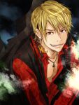  1boy blonde_hair brown_hair buttons collarbone from_above garo:the_one_who_shines_in_the_darkness garo_(series) grin hair_between_eyes hair_ornament highres jakuzure_takeru jewelry long_sleeves looking_at_viewer looking_up necklace open_clothes red_shirt shirt smile solo tokusatsu tora_(pppartymon) 