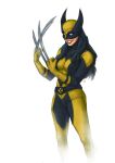  1girl absurdres black_hair bodysuit chlorenology claws commentary english_commentary genderswap genderswap_(mtf) gloves highres long_hair marvel mask simple_background solo superhero teeth two-tone_bodysuit western_comics_(style) wolverine x-men 