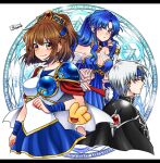  2boys 2girls arle_nadja blue_eyes blue_hair blue_hairband blue_skirt blush brown_hair carbuncle_(puyopuyo) hairband hand_fan holding holding_fan long_hair looking_at_viewer madou_monogatari magic_circle multiple_boys multiple_girls ponytail puyopuyo ri25to rulue_(puyopuyo) schezo_wegey skirt white_hair yellow_eyes 