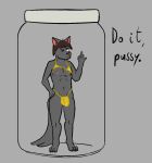  aliasing anthro asphalt_(artist) bikini bulge camera canid canine canis clothing container cum_jar detailed_bulge domestic_dog front_view fur genital_outline gold_swimwear grey_body grey_fur hi_res isaac_(asphalt) jar male mammal micro nipple_slip penis_outline selfie simple_background solo standing swimwear teasing tongue tongue_out 