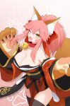  1girl ;d absurdres animal_ear_fluff animal_ears animal_hands ariyoshi_gen bare_shoulders bell black_thighhighs blush bow breasts cleavage collar collarbone commentary_request commission detached_sleeves fang fate/extra fate/grand_order fate_(series) fox_ears fox_girl fox_tail gloves hair_between_eyes hair_bow highres japanese_clothes jingle_bell kimono large_breasts long_hair looking_at_viewer neck_bell obi one_eye_closed open_mouth paw_gloves pink_hair ponytail red_bow red_kimono sash sidelocks skeb_commission skin_fang smile solo tail tamamo_(fate) tamamo_cat_(fate) tamamo_cat_(first_ascension)_(fate) tassel thighhighs thighs wide_sleeves yellow_eyes 