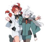  2girls asticassia_school_uniform black_footwear blue_jacket blue_shorts blush boots closed_eyes closed_mouth cowboy_shot grey_eyes gundam gundam_suisei_no_majo hairband hand_on_another&#039;s_face hand_up handkerchief holding_handkerchief jacket long_hair long_sleeves miorine_rembran multiple_girls red_hair sakanaokashi school_uniform shorts simple_background standing suletta_mercury twintails v-shaped_eyebrows white_background white_hair white_jacket white_shorts wide_sleeves 