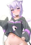  1girl absurdres animal_ears blush bottomless breasts cat_ears cat_girl cat_tail choker collar collarbone cowboy_shot groin highres hololive hood hoodie light_purple_hair looking_at_viewer navel nekomata_okayu out-of-frame_censoring parijennu222 purple_eyes smile solo tail virtual_youtuber white_background 