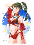  1girl absurdres alternate_hairstyle arm_behind_head bikini breasts cleavage commentary fire_emblem fire_emblem:_the_binding_blade flower frilled_bikini frills green_eyes green_hair hair_flower hair_ornament highres looking_at_viewer ponytail red_bikini smile solo sue_(fire_emblem) swimsuit tsukimura_(d24f4z8j3t) 