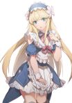  1other apron blonde_hair blue_dress blue_eyes chevalier_d&#039;eon_(fate) chevalier_d&#039;eon_(maid_knight)_(fate) cleavage_cutout clothing_cutout dress fate/grand_order fate_(series) flower frilled_dress frills hair_flower hair_ornament hairband highres long_hair looking_at_viewer neck_ribbon no-kan open_mouth ribbon shoulder_cutout sidelocks skirt solo swept_bangs thighs waist_apron white_skirt 