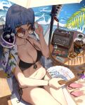  1girl alcohol bikini black_bikini blue_hair blush bottle breasts cleavage cup drinking_glass food grin hand_fan hani_haya highres holding holding_fan jewelry katana knife looking_at_viewer monster necklace original parasol radio sandals sandals_removed sheath sheathed sitting smile steak sunglasses swimsuit sword table umbrella weapon whiskey yellow_eyes 