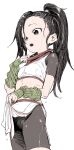  1girl absurdres bike_shorts black_hair black_shorts breasts commentary_request detached_sleeves forehead green_sleeves grey_eyes hand_up highres kunoichi_tsubaki_no_mune_no_uchi long_hair long_sleeves midriff open_mouth ponytail puffy_long_sleeves puffy_sleeves short_sleeves shorts simple_background sleeves_past_wrists small_breasts solo tsubaki_(kunoichi_tsubaki_no_mune_no_uchi) wet wet_clothes white_background yamamoto_souichirou 