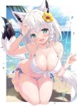 1girl animal_ears aqua_eyes bare_legs barefoot bikini blue_sky blurry blurry_background blush bracelet braid breasts cleavage cloud collarbone commentary_request day fang feet flower fox_ears fox_girl fox_tail hair_flower hair_ornament highres hololive horizon jewelry kneeling large_breasts long_hair mikeou ocean open_mouth outdoors shirakami_fubuki sky smile solo sparkle summer sunlight swimsuit tail toes virtual_youtuber water_drop white_bikini white_hair 