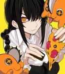  1girl :3 black_hair black_pants braid braided_ponytail chainsaw chainsaw_man food food_in_mouth food_on_face hair_over_one_eye hair_over_shoulder highres holding holding_food holding_pizza looking_at_viewer medium_hair nayuta_(chainsaw_man) onigiri orange_eyes pants pizza pochita_(chainsaw_man) ringed_eyes sailen0 shirt sidelocks simple_background tongue tongue_out wavy_mouth white_shirt yellow_background 