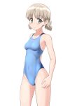  1girl absurdres aki_(girls_und_panzer) blue_one-piece_swimsuit blush breasts collarbone commentary_request competition_swimsuit cowboy_shot girls_und_panzer green_eyes groin highres light_brown_hair looking_at_viewer low_twintails one-piece_swimsuit short_hair short_twintails simple_background small_breasts smile solo standing swimsuit takafumi thighs twintails two-tone_swimsuit variant_set white_background 