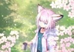  1girl ahoge animal_ears arknights black_choker blue_eyes blue_vest cherry_blossoms choker coat collarbone commentary_request cup fox_ears fox_girl from_above genjaku highres holding holding_cup labcoat long_sleeves looking_at_viewer outdoors purple_hair short_hair sidelocks smile solo sussurro_(arknights) upper_body vest white_coat wide_sleeves 
