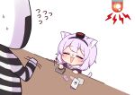  0725akaba 1girl 1other ahoge animal_ear_fluff animal_ears black_hairband black_shirt blush cat_ears cat_girl cat_tail chibi closed_eyes flying_sweatdrops food food_on_face hairband highres hololive motion_lines nekomata_okayu onigirya_(nekomata_okayu) open_mouth prison_clothes purple_hair push-button rotating_light sailor_collar shirt signature simple_background solo_focus striped striped_shirt sweat tail upper_body v-shaped_eyebrows virtual_youtuber white_background white_sailor_collar 