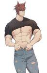  1boy abs bara biceps large_pectorals league_of_legends looking_at_viewer male_focus manly mature_male muscular muscular_male navel nipples pants pectorals red_hair ryub sett_(league_of_legends) shirt short_hair simple_background solo t-shirt tight torn_clothes underpec white_background yellow_eyes 
