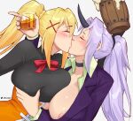  2girls alcohol allen_skies artist_name blonde_hair blush breast_grab breast_press breasts choker closed_eyes crossover darkness_(konosuba) drunk formal grabbing grey_background hair_ornament highres horns huge_breasts kiss kono_subarashii_sekai_ni_shukufuku_wo! long_hair multiple_girls nipples no_bra ponytail purple_hair shion_(tensei_shitara_slime_datta_ken) single_horn suit tensei_shitara_slime_datta_ken x_hair_ornament yuri 