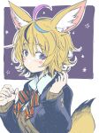  1girl ahoge animal_ear_fluff animal_ears black_hair black_jacket blazer blonde_hair blue_bow blue_bowtie blue_hair blue_nails blush blush_stickers bow bowtie brown_cardigan cardigan closed_mouth collared_shirt diagonal-striped_bowtie dress_shirt fox_ears fox_girl fox_tail hair_between_eyes heart heart-shaped_pupils highres hololive jacket kurose_kousuke long_sleeves looking_to_the_side multicolored_bowtie multicolored_hair multicolored_nails nail_polish official_alternate_costume official_alternate_hair_length official_alternate_hairstyle omaru_polka omaru_polka_(4th_costume) pink_hair pink_nails purple_background purple_eyes purple_nails red_bow red_bowtie red_nails school_uniform shirt short_hair simple_background solo star_(sky) streaked_hair symbol-shaped_pupils tail two-tone_background upper_body virtual_youtuber white_background white_shirt 