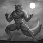  2023 abs absurd_res anthro artist_name belwulf biceps biped bottomwear canid canine clothing digital_media_(artwork) digitigrade eyebrows full_moon fur greyscale hi_res loincloth male mammal monochrome moon muscular muscular_anthro muscular_male muscular_thighs navel night open_mouth outside pecs pose quads sky solo tail teeth thick_thighs tongue were werecanid werecanine werewolf whiskers 